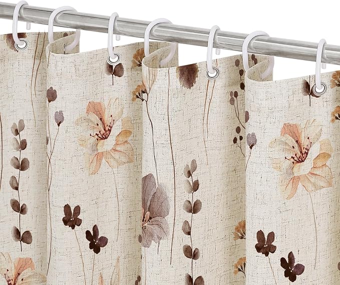 Brown Linen Watercolor Floral Fabric Shower Curtain, 72x72 | Linen Fabric, Modern Minimalist Floral Print, Machine Washable, Rustproof Grommets, for Bathroom Home