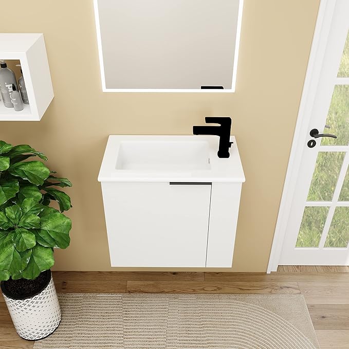 Wall Mount 22 Inch Bathroom Vanity W/Sink Combo for Small Space, Modern Design Vanity Cabinet Gel Basin Countertop, Float Mounting Design Cabinet Set with Soft Close Doors, White (without Faucet)