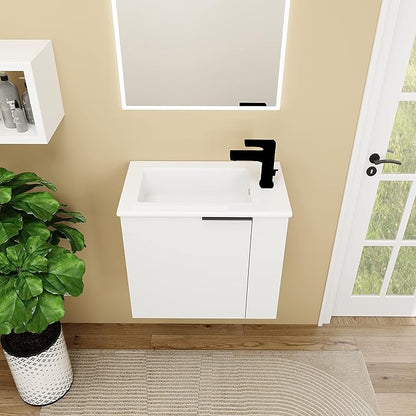 Wall Mount 22 Inch Bathroom Vanity W/Sink Combo for Small Space, Modern Design Vanity Cabinet Gel Basin Countertop, Float Mounting Design Cabinet Set with Soft Close Doors, White (without Faucet)