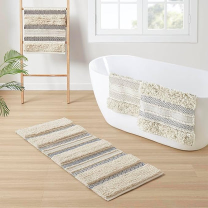 INK+IVY Asher Non-Slip Bath Rug Absorbent Quick Dry Striped, 22 x 58, Navy | Soft Pile, Machine Washable, Striped Pattern, Boho, OEKO-TEX Certified, Hand-Woven Texture, for Bathroom, Shower Room