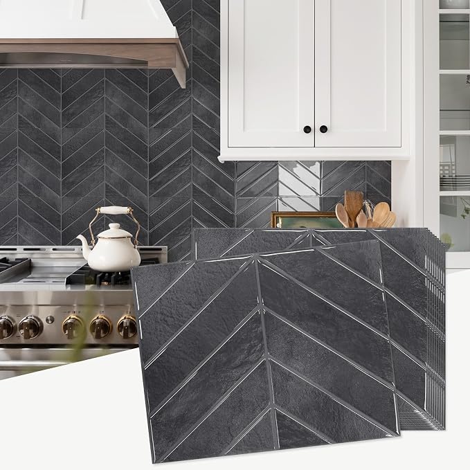 STICKGOO Herringbone Peel and Stick Backsplash, Black/Grey Grout, 10 Sheets | 12.6 x 9.7 in, Thicker Rectangular Vinyl Stick-On Wall Tiles, Easy Alignment, Waterproof, Easy to Clean, Kitchen/Bathroom