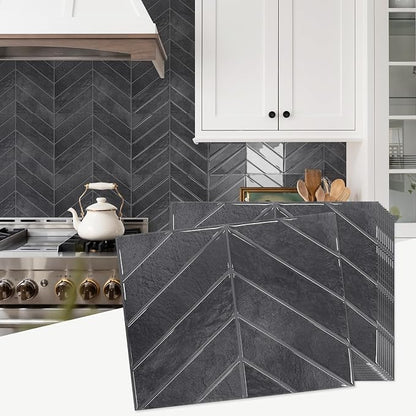 STICKGOO Herringbone Peel and Stick Backsplash, Black/Grey Grout, 10 Sheets | 12.6 x 9.7 in, Thicker Rectangular Vinyl Stick-On Wall Tiles, Easy Alignment, Waterproof, Easy to Clean, Kitchen/Bathroom