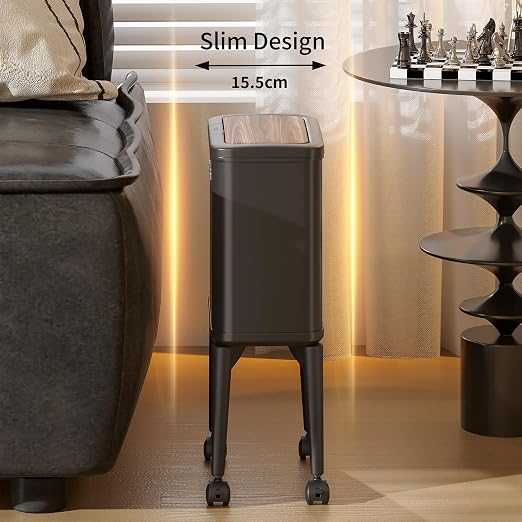 MRBIN Metal Slim Bathroom Trash Can with Legs and Wheels, 15L / 4gal Toilet Walnut Effect Press Lid Waste Basket, Covered Office Garbage Pail for Near Desk, Narrow Vanity, Rvs, Kitchen, Black