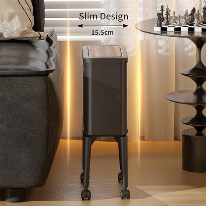 MRBIN Metal Slim Bathroom Trash Can with Legs and Wheels, 15L / 4gal Toilet Walnut Effect Press Lid Waste Basket, Covered Office Garbage Pail for Near Desk, Narrow Vanity, Rvs, Kitchen, Black