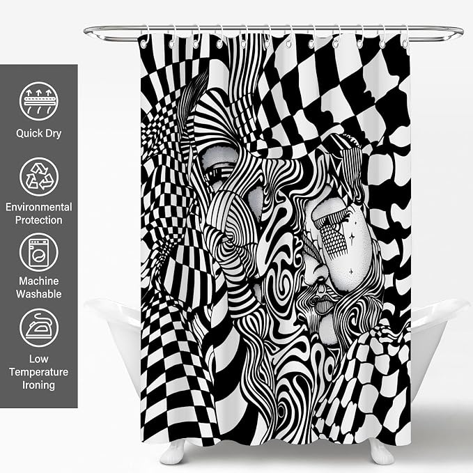 Black White Trippy Abstract Face Shower Curtain Set 72x72 Inches | Trippy Abstract Face Checkerboard Print, Modern Indie Home Guest Housewarming Art Lover Bath Decor, With Fabric Hooks