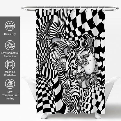 Black White Trippy Abstract Face Shower Curtain Set 72x72 Inches | Trippy Abstract Face Checkerboard Print, Modern Indie Home Guest Housewarming Art Lover Bath Decor, With Fabric Hooks