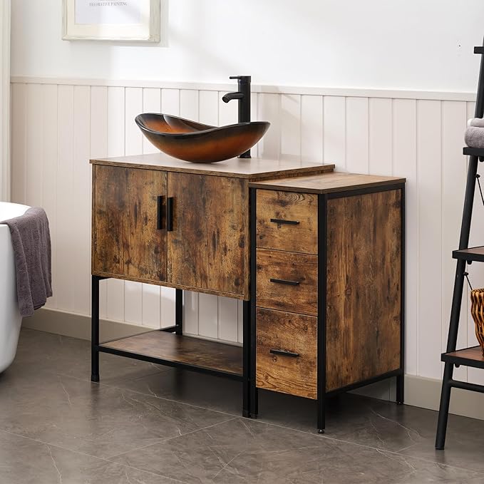UEV 42" Rustic Brown Bathroom Vanity with Sink Combo,Industrial Iron Frame Bathroom Cabinet Sets with 3 Drawers Side Cabinet,Modern Brown Boat Tempered Glass Vessel Sink(029BR)