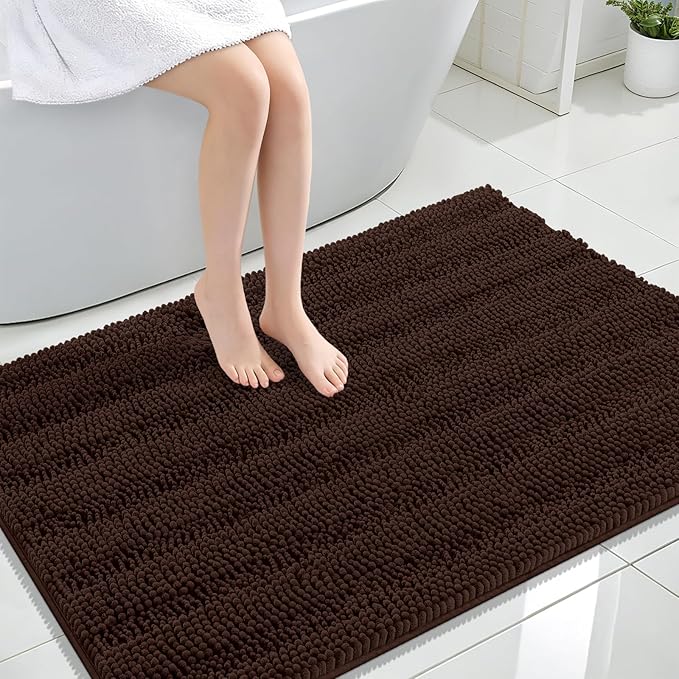 OLANLY Thick Large Bathroom Rugs 44x32, Soft Chenille Bath Rugs, Brown | Absorbent Striped, Rubber Backing, Machine Wash Dry, Bath Mats for Bathroom Floor, Tub and Shower, Home Decor Accessories