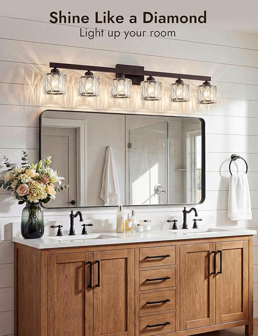 VOLISUN Crystal Vanity Lights for Bathroom, 6 Light Bathroom Vanity Light, Modern Matte Black Bathrooms Light Over Mirror, Black Bathrooms Lights Fixtures-UL Certificated(Exclude Bulb)