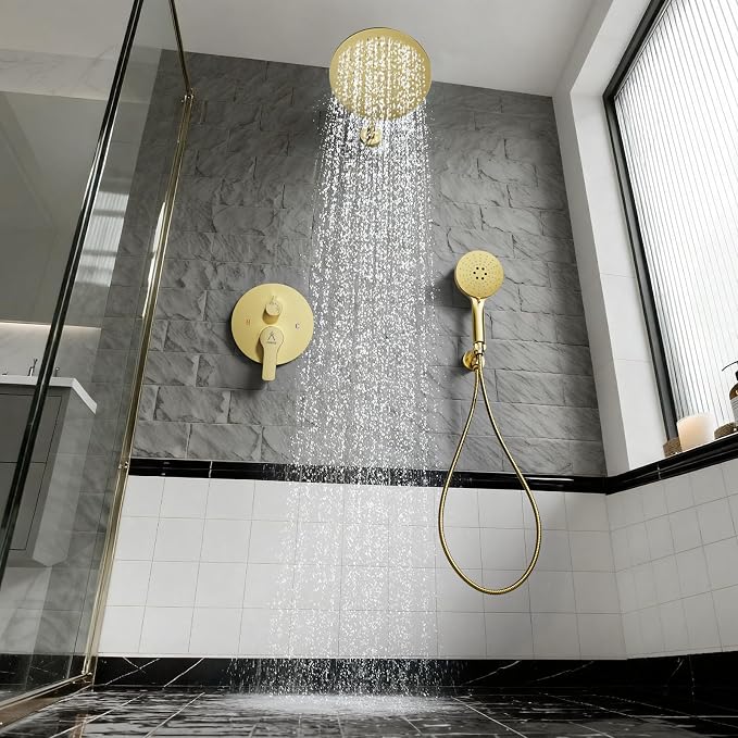 Shower Faucet Set Brass 12IN Rough-In Valve Body Trim Kit Rainfall Included Handle Accessories Complete 2 Functions with Rain Head and Handheld Bathroom Systems (12'', Brushed Gold)