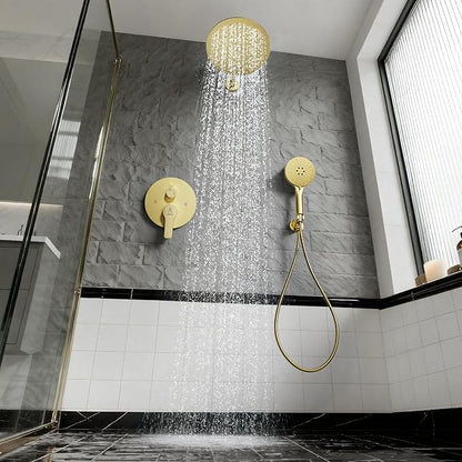 Shower Faucet Set Brass 10IN Rough-In Valve Body Trim Kit Rainfall Included Handle Accessories Complete 2 Functions with Rain Head and Handheld Bathroom Systems (10'', Brushed Gold)