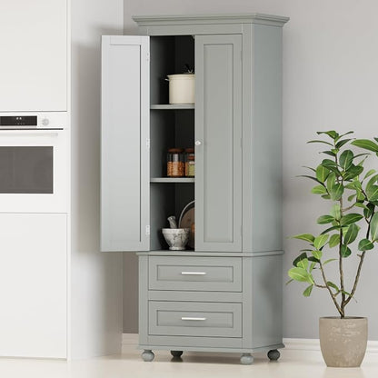 Merax 62.5" Pantry Cabinet with Two Doors & Two Drawers, Adjustable Shelves Storage Cupboard for Kitchen/Dining Room/Bathroom, Gray