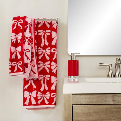 SKL Home Christmas Bow Hand Towel Set-2pc, 100% Cotton Jacquard, Red/Pink | 500 GSM. Soft, absorbent & reversible. For use in the bathroom, kitchen, or bar. Fun for Valentine's décor & holiday gifting.