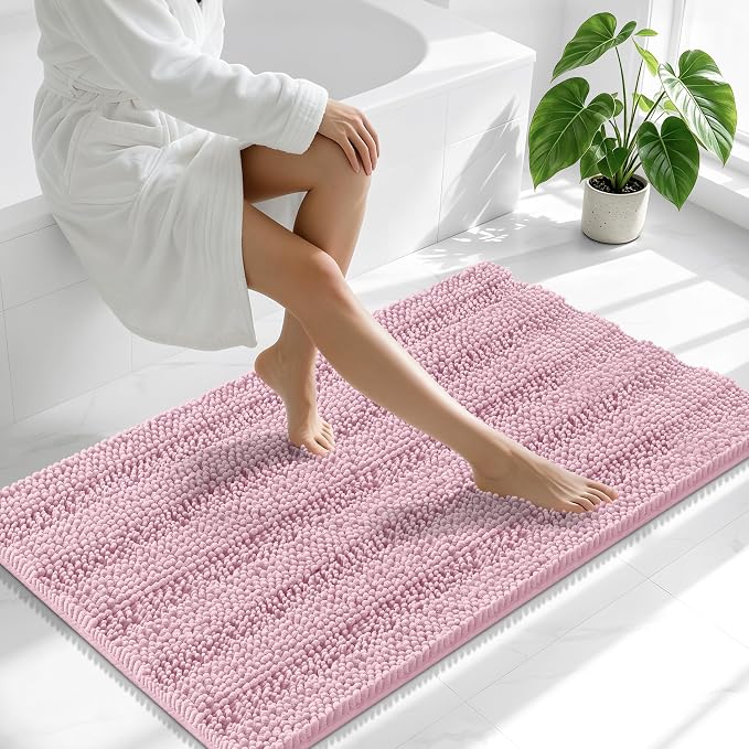Smiry Thick Chenille Bathroom Runner Rugs 44x24, Soft Bath Mat, Dusty Rose | Quick‑Dry & Machine Washable, Non‑Slip Bath Carpet, Striped Bath Rugs for Tub & Shower, Modern Home Decor Accessories