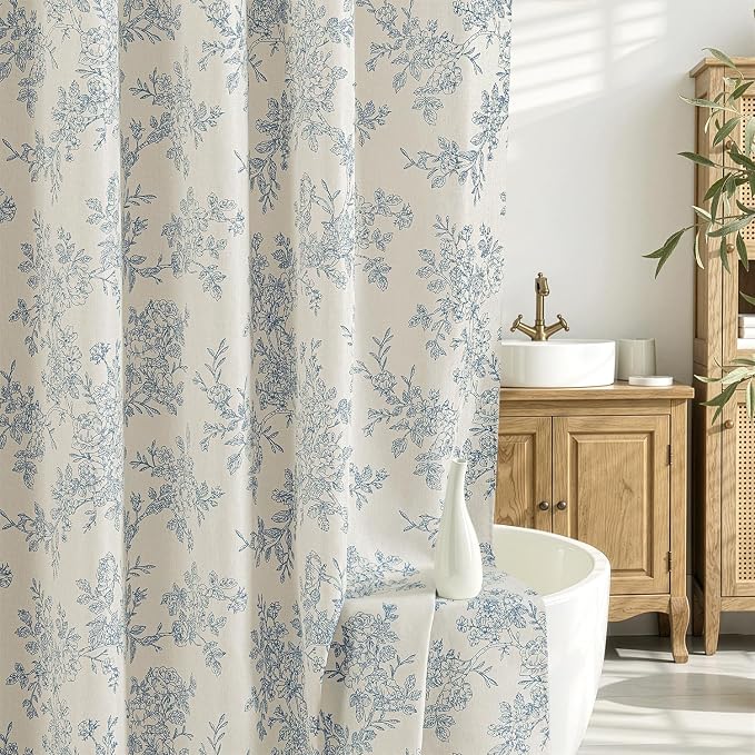 Extra Long Linen Blue Floral Shower Curtain W72*L90 Inches | Linen Textured Fabric, 12 Rustproof Metal Hooks, Wrinkle Resistant Cloth, Machine Washable, Bathroom Decor for Cottage Core