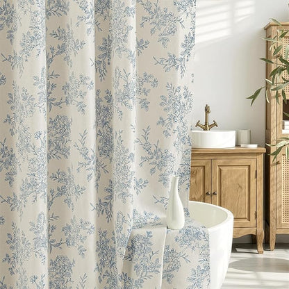 Linen Blue Floral Shower Curtain W72*L78 Inches Long | Linen Textured Fabric, 12 Rustproof Metal Hooks, Wrinkle Resistant Cloth, Machine Washable, Bathroom Decor for Cottage Core