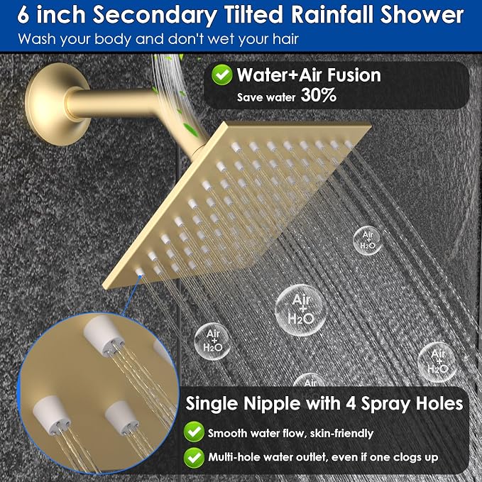 Enga Shower System with Body Jets, Dual Head 10 Inch Rain Shower Head with 6 Inch Showerhead, 4 Body Jets with 2 in 1 Handheld Spray, Brushed Gold