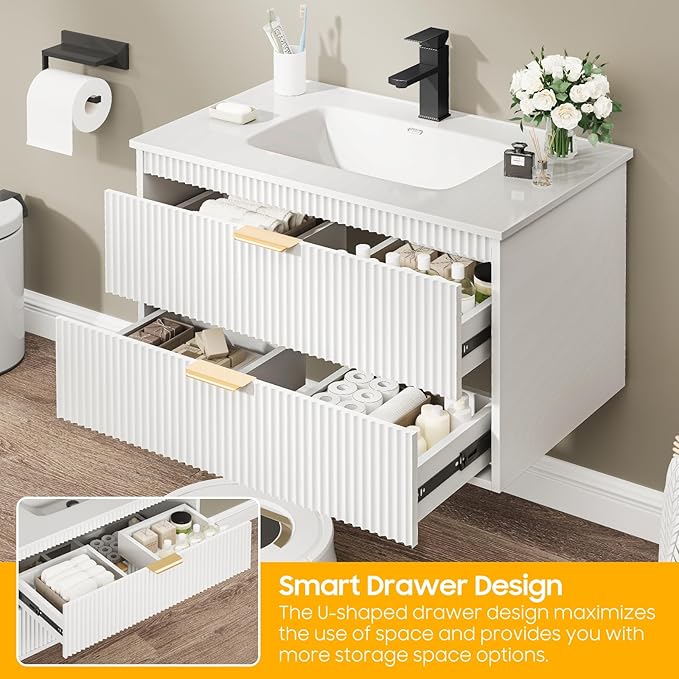 Vabches 24 Inch Bathroom Vanity with Sink, Wood Grain Wall Mounted Vanity with 2 Storage Darwers, Floating Bathroom Vanity with Storage, Bathroom Floating Vanity with Sink, Faucet, Drain, White