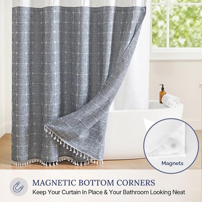 River Dream Farmhouse No Hooks Shower Curtain with Snap-in Liner,Blue,71x74 | Snap on Fabric Liner,Heavy Duty,Quick Dry,Mesh Top Window,With Bottom Magnets,Washable,with Tassels,Standard Size
