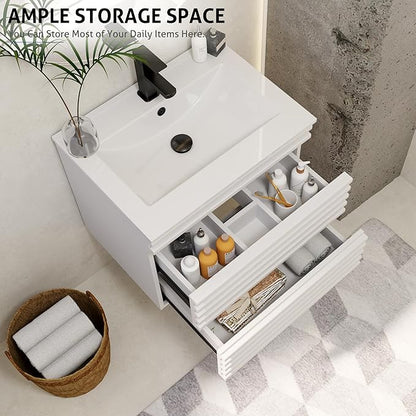 eclife 24" Floating Bathroom Vanity with Sink Combo Mid-Century Wall Mounted Cabinet with Wood Stripes Decor, Drawers, Undermount Single Sink, Faucet, Drain, Mixed White