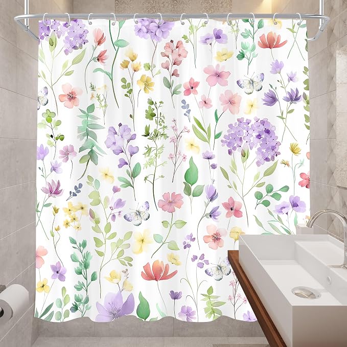 Cute Floral Purple Lilac Flower Wildflower Bathroom Shower Curtain Set | 72"W x 72"H Plants Leaves; waterproof HD print, quick-dry fabric and plastic hooks for easy setup.
