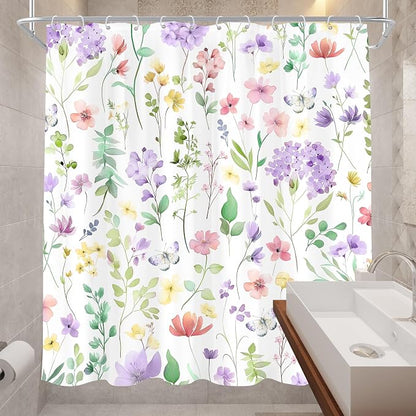 Cute Floral Purple Lilac Flower Wildflower Bathroom Shower Curtain Set | 72"W x 72"H Plants Leaves; waterproof HD print, quick-dry fabric and plastic hooks for easy setup.