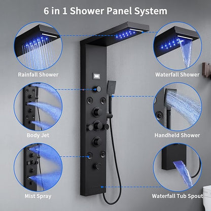 POPFLY 6 In 1 LED Shower Panel Tower System, 8 Body Massage Jets, Stainless Steel Wall Mount Rainfall ＆ Waterfall Shower Column Towers with Temperature Display, Tub Spout, Matt Black