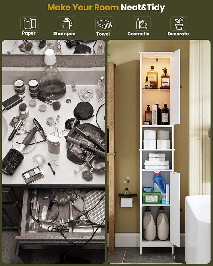 HAIOOU 67" Tall Bathroom Storage Cabinet with Light,11.8"W Narrow Bathroom Cabinet with Adjustable Glass Shelves,Slim Freestanding Cabinet for Small Spaces,Skinny Cabinet for Kitchen,Living Room white