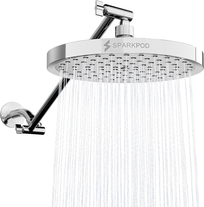 SparkPod 8" Round Rain Shower Head with 16" Shower Arm | Shower Head & Extension Arm Combo, Height Adjustable, High Pressure Performance, Easy 1-Minute Installation, Polished Chrome