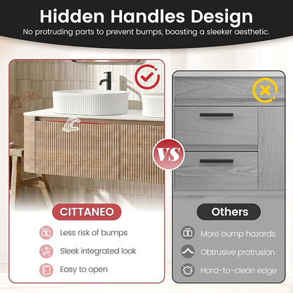 60" Floating Bathroom Vanity with Double White Sink, Honey Oak | Pre-Assembled Fluted Wall Mounted Vanity with Sintered Stone Countertop, Rounded Edges, Soft-Close Drawers & Towel Rack