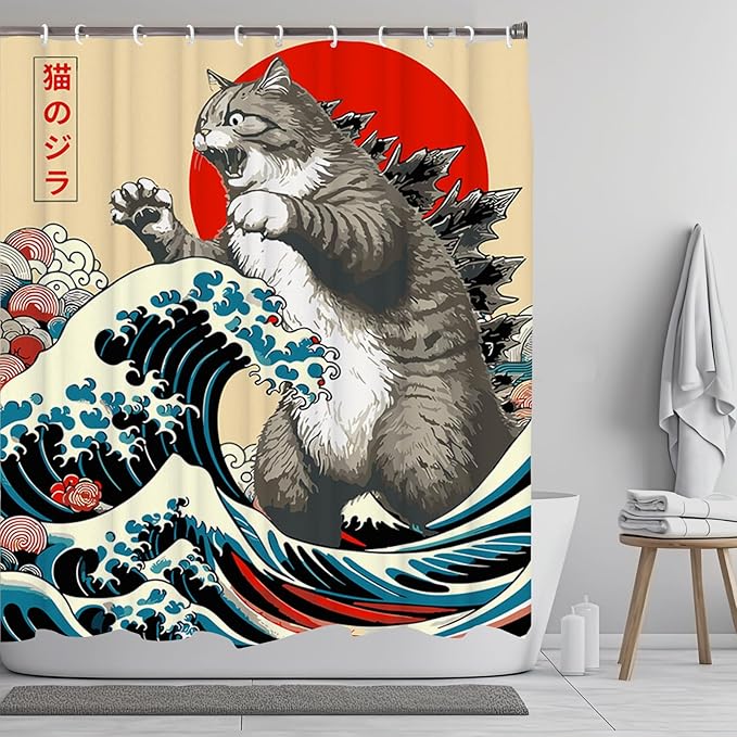 Funny Japanese Cat Funky Anime Japan Bathroom Shower Curtain, 72x72 | Vintage Cat Sunset Wave Shower Curtain Liner with Hooks, Animal Fabric Shower Curtains Bathroom Decor 72X72inches Blue Grey