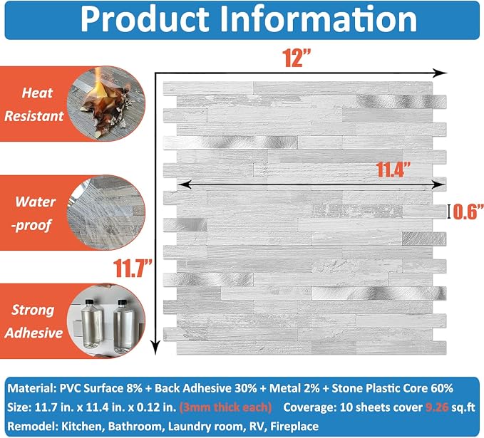 DICOFUN 10-Sheet Peel and Stick Backsplash Tile, White Birch PVC Mixed Metal Stick on Backsplash Tiles for Kitchen, 9.4 sq.ft