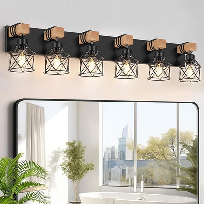FadimiKoo 6-Light Bathroom Vanity Light, Bathroom Wall Lamps Over Mirror | Rustic Wood & Black Metal Shade, Wood Black Vanity Lights Over Mirror, Wall Sconces for Bathroom Bedroom Living Room