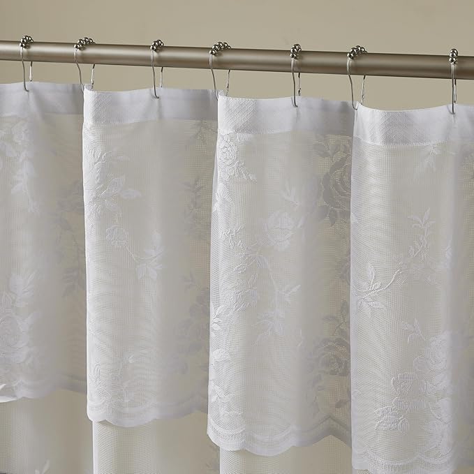 White Lace Shower Curtain 36 Inch with Attached Valance Victorian Floral Shower Curtain Vintage French Country Scalloped Edge for Bathroom Decor Spa Hotel Bath Short Rental Loft, 1 Panel, 36x72