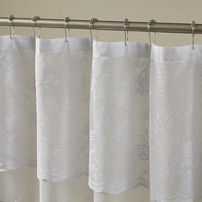 White Lace Shower Curtain 36 Inch with Attached Valance Victorian Floral Shower Curtain Vintage French Country Scalloped Edge for Bathroom Decor Spa Hotel Bath Short Rental Loft, 1 Panel, 36x72