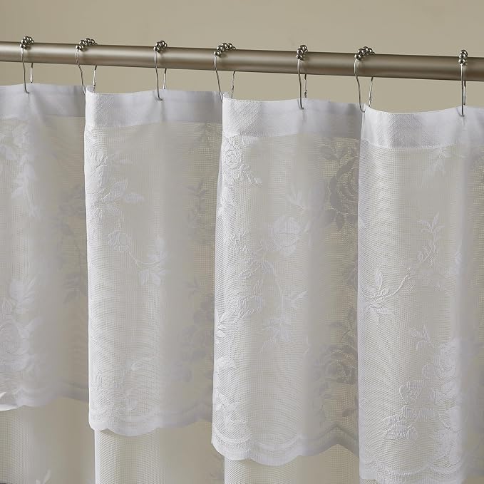White Lace Shower Curtain 72 Inch with Attached Valance Victorian Floral Shower Curtain Vintage French Country Scalloped Edge for Bathroom Decor Spa Hotel Bath Short Rental Loft, 1 Panel, 72x72