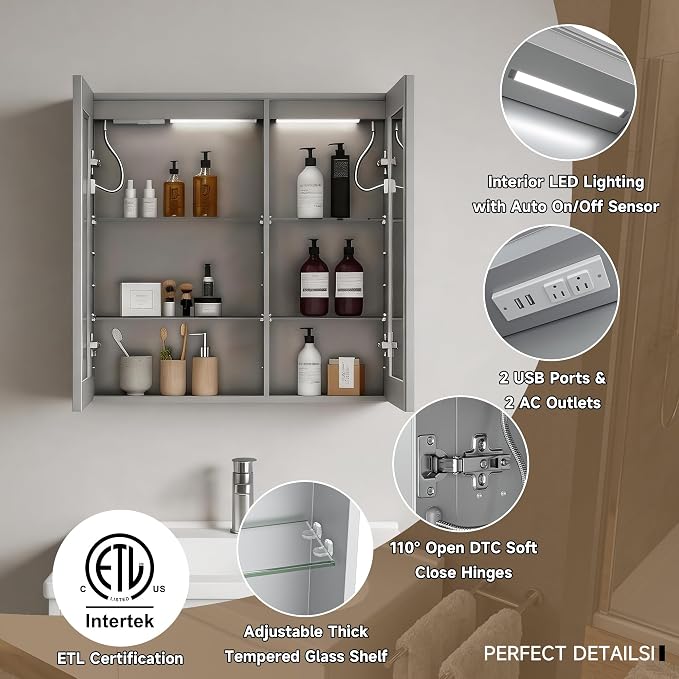LED Lighted Medicine Cabinet with Mirror, 30x32 Inches, Recessed or Wall Mounted, Anti-Fog, 3 Color Temperature, Adjustable Brightness, Bathroom Storage Cabinet
