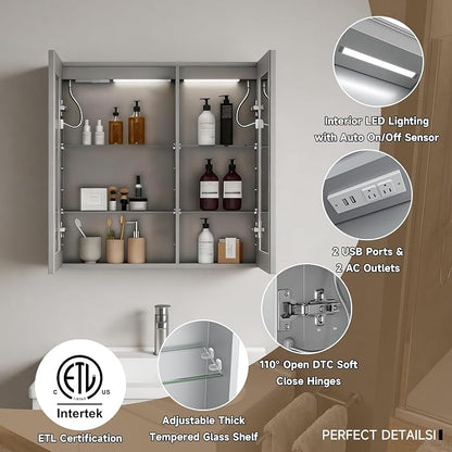 LED Lighted Medicine Cabinet with Mirror, 30x32 Inches, Recessed or Wall Mounted, Anti-Fog, 3 Color Temperature, Adjustable Brightness, Bathroom Storage Cabinet