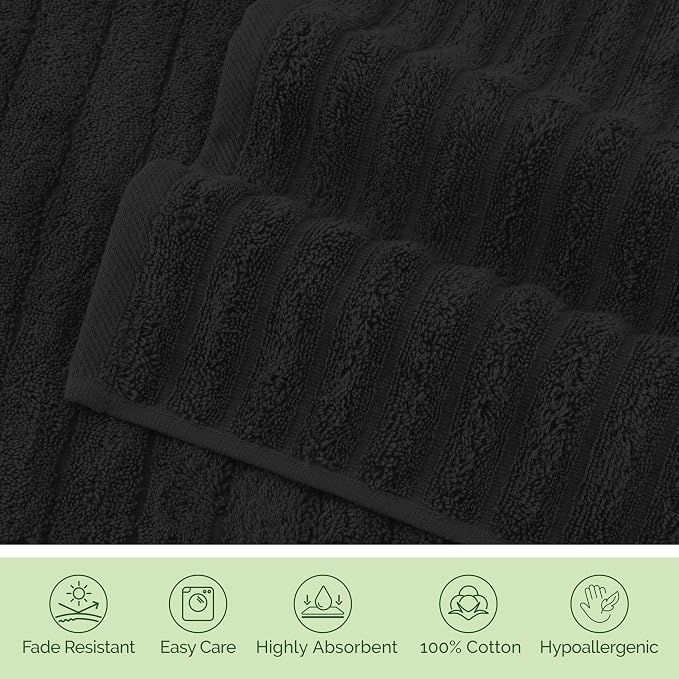 Elegant Comfort Luxury 100% Turkish Cotton Corduroy Ribbed 4 Pack Hand Towel Set 16 x 28 Inch - Absorbent, Super Soft, Quick Dry, Premium Towels for Bathroom, Gym, Spa and Hotel Use, Black