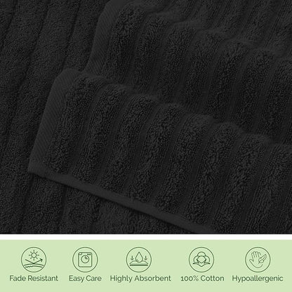 Elegant Comfort Luxury 100% Turkish Cotton Corduroy Ribbed 4 Pack Hand Towel Set 16 x 28 Inch - Absorbent, Super Soft, Quick Dry, Premium Towels for Bathroom, Gym, Spa and Hotel Use, Black