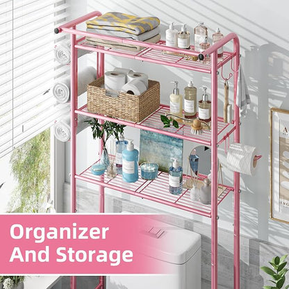 Simple Trending 3 Tier Over The Toilet Rack, Shelf Bathroom, Bathroom Stand Organizer Space Saver, Pink