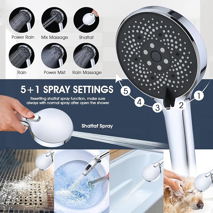 PDPBath 14 Inch Rain Shower Head with 5+1 Settings Handheld Spray Combo, High Pressure Rainfall Shower Head with 16'' Upgrade Adjustable Extension Arm, 79" Extra Long Hose, 3-Way Diverter, Chrome
