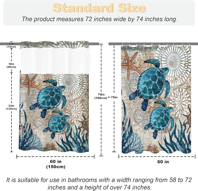 Green and Teal Sea Turtles Theme No Hook Waffle Weave Shower Curtain with Snap in Liner Nautical Beach Bathroom Blue Ocean Decor Set 60 W x 74 H Inch Teal