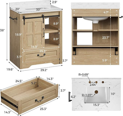 IRONCK Bathroom Vanity with Sink 30", Vanity Cabinet with Water Baffle | Engineered Marble Top & Ceramic Sink, Soft Close Drawer & Open Shelves, Easy Assembly, Farmhouse Vanity for Bathroom