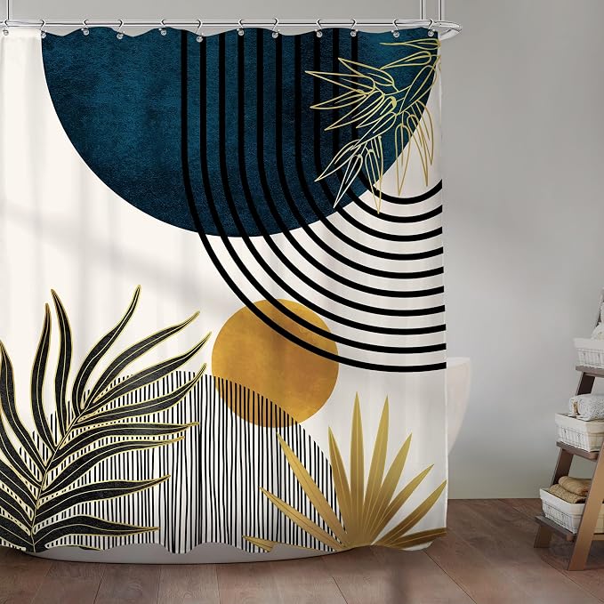 KOMLLEX Mid Century Blue Boho Abstract Modern Bathroom Shower Curtain Set | 60Wx72L Plant Botanical design, waterproof HD print with fast-drying fabric and 12 hooks.