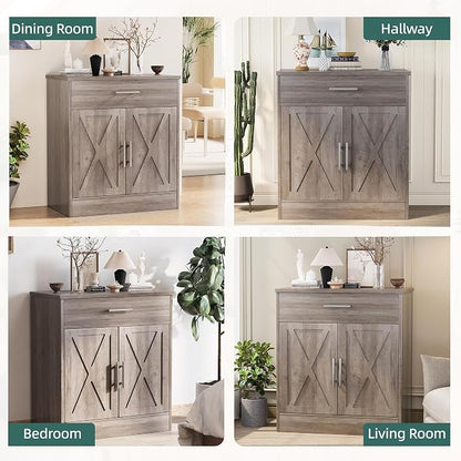 Shintenchi Farmhouse Storage Cabinets with Doors and Shelves,Kitchen Barn Door Storage Cabinet with Drawers,Coffee Bar Cabinet Buffest Sideboard for Dining Room,Living Room,Bathroom,Entryway,Ash Grey