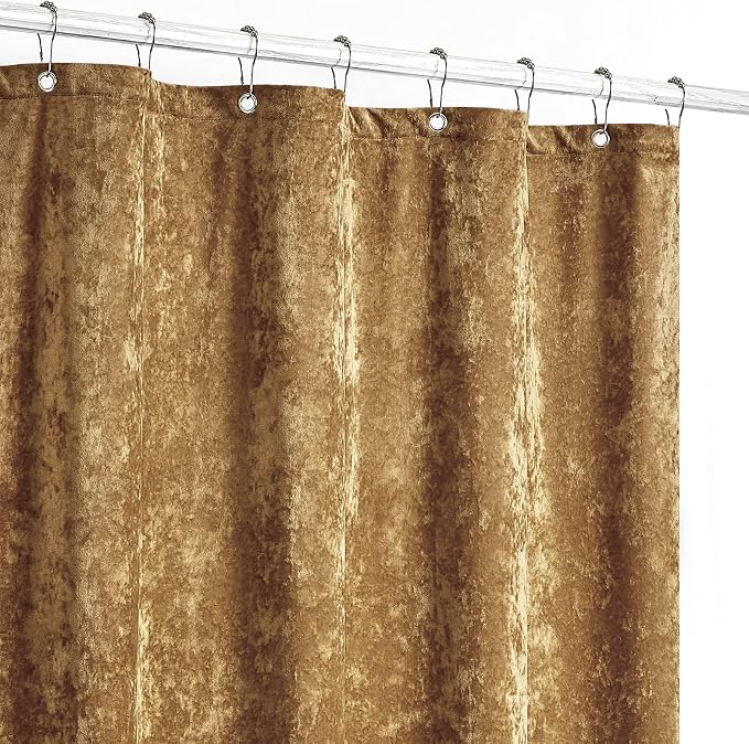 Fredsure Distressed Velvet Shower Curtain Set, 13 Pieces Caramel Gold Including1 Piece 72"x72" Shower Curtain and 12 Pieces Silver Hooks
