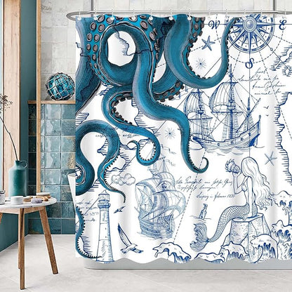 Fungarth Blue Nautical Octopus Shower Curtain Navy Mermaid Funny Ocean Kraken Shower Curtains for Bathroom Cool Anchor Coastal Map Waterproof Fabric Bath Curtain Decor with Hooks (Blue, 72” x 72”)