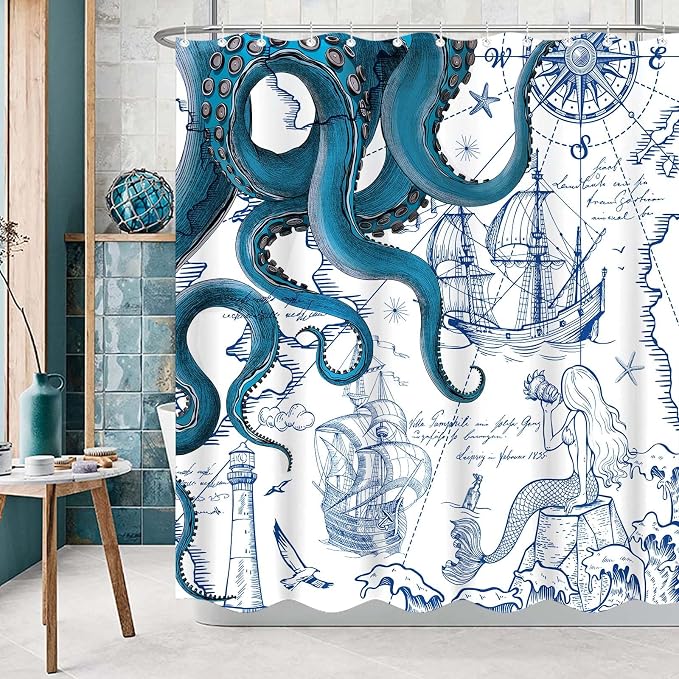Fungarth Long Blue Nautical Octopus Shower Curtain Navy Mermaid Funny Ocean Kraken Shower Curtains for Bathroom Cool Anchor Coastal Map Waterproof Fabric Bath Curtain with Hooks (Blue, 72” x 78”)