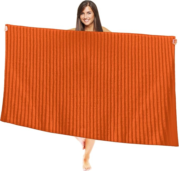 Elegant Comfort 100% Turkish Cotton Corduroy Ribbed Luxury Jumbo Bath Towel Ultra Soft - 35 x 70 Inch - Luxury Spa Premium Hotel Quality Highly Absorbent and Quick Dry Large Bath Towel, Orange